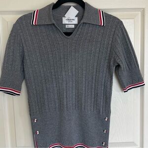 Quiet Luxury Old Money SZ 0 Thom Browne Gray Cable Knit Polo Top Tricolor Trim